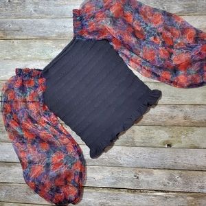 NWOT Calligraphie shirred puffed sheer sleeve top size S